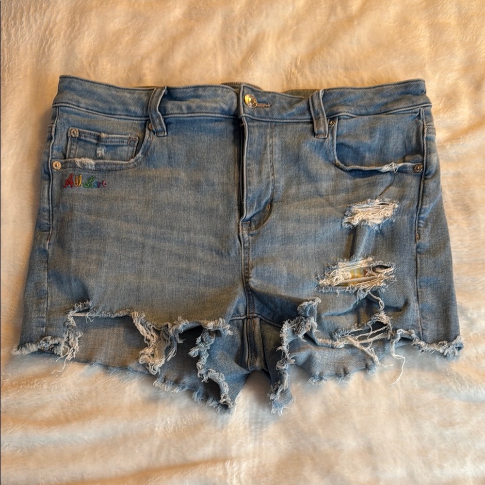 American Eagle All Love Rainbow Pride Hi Rise Shortie Denim Distressed Size 14